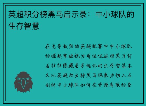英超积分榜黑马启示录：中小球队的生存智慧
