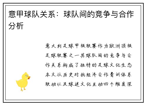 意甲球队关系：球队间的竞争与合作分析